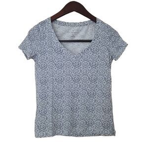 Prince & Fox Women's Blue White Geometric V-Neck Short Sleeve T-Shirt Size Small